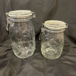 Wheaton 1.5 L & 1 L  Jars Canister Fruit Embossed Clear Glass Wire Clasp Seal